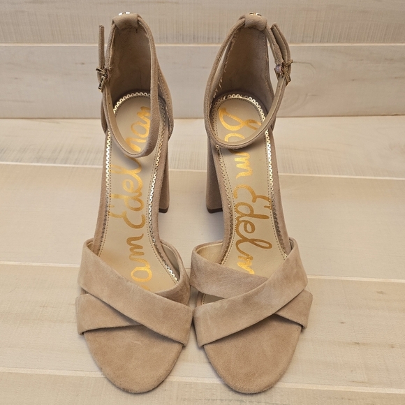 {10} Sam Edelman Yancy Block Heel Ankle Strap Sandal in Golden Caramel Suede - Picture 3 of 14
